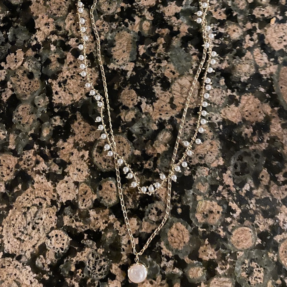 Double necklace - pearls and mother of pearl pendant, gold chains